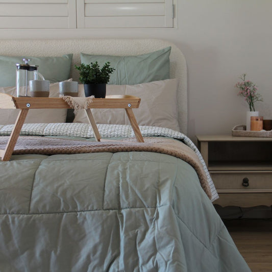 Green comforter set with matching sage green European shams