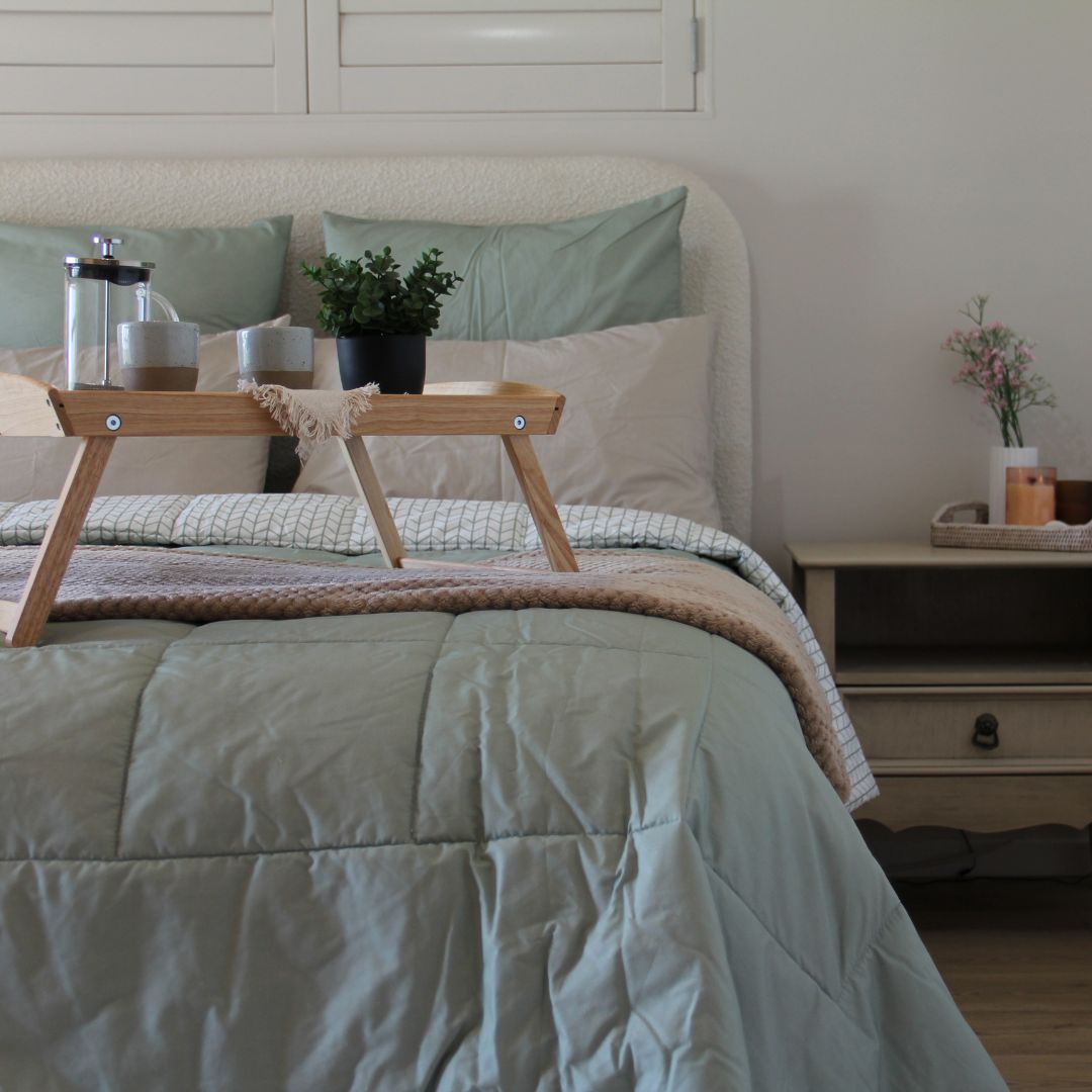 Green comforter set with matching sage green European shams